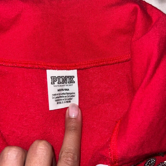 Victorias Secret Pink EUC RED & WHITE Bedazzled “PINK” Quarter Zip Jacket - Picture 5 of 9